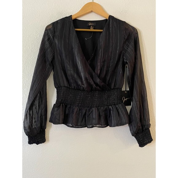 Japna Smocked Surplice Top XS Black Silver Metallic Stripe Sheer Long Sleeve NWT - Picture 2 of 8